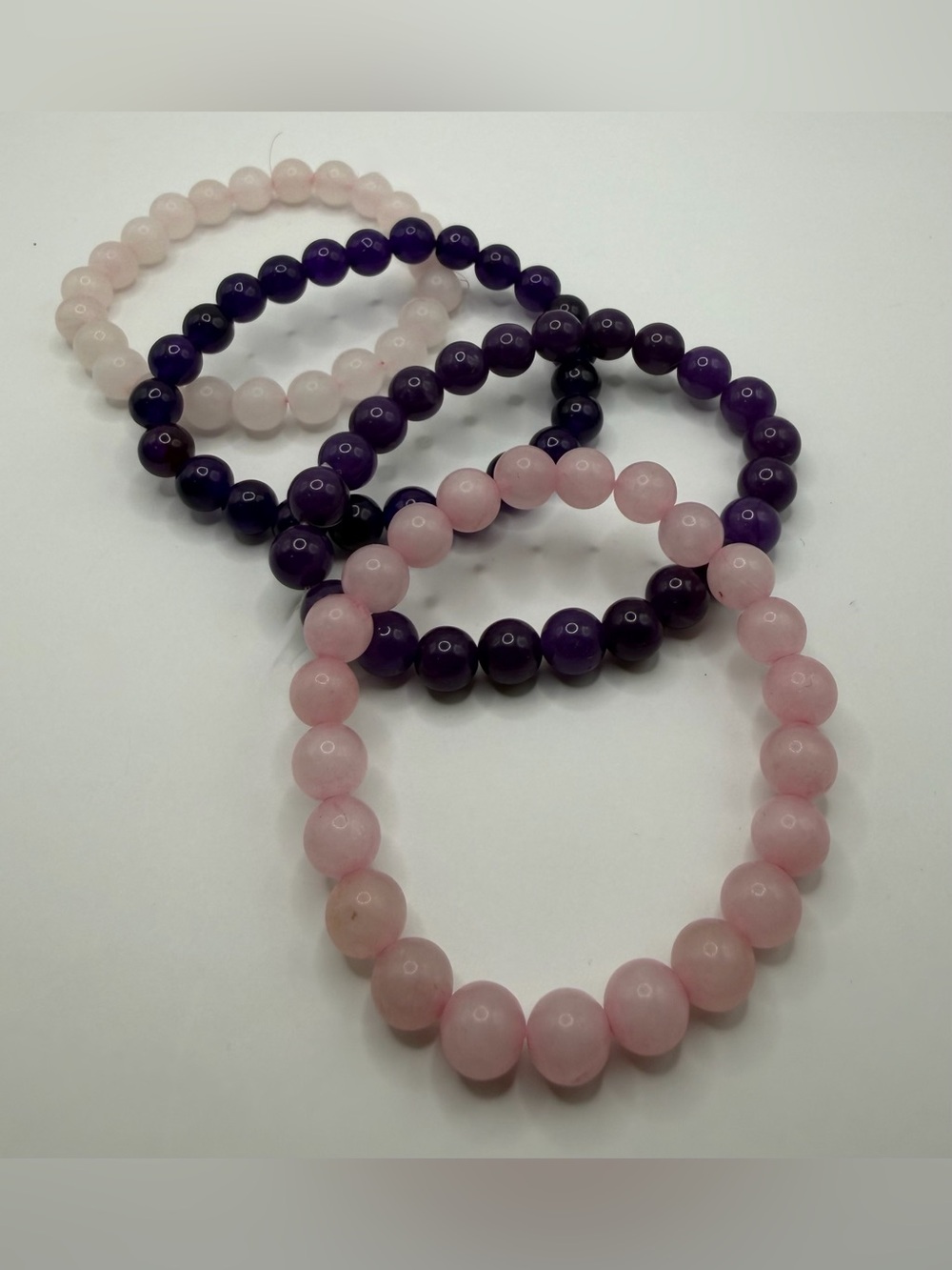 Genuine Stone Beaded Bracelets - Set Of 4 - Amethyst/Rose Quartz
